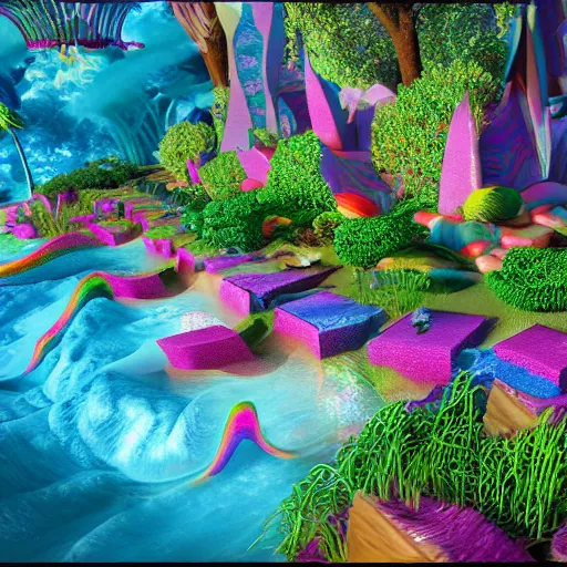 Image similar to a 3d rendering of a fantasy world by Lisa Frank, blender 3d rendering octane render hyper detailed