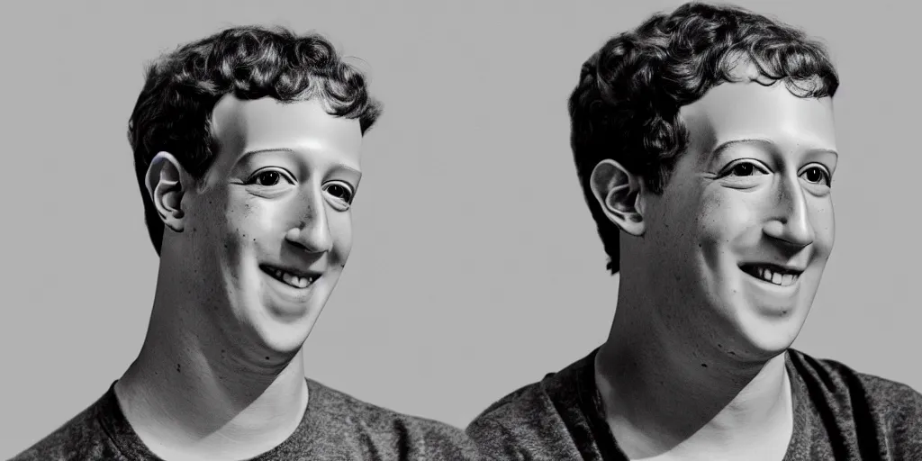 Image similar to the white painted face of Marc Zuckerberg with a very very very very very very large Beatles hair bowl cut standing on a surfboard