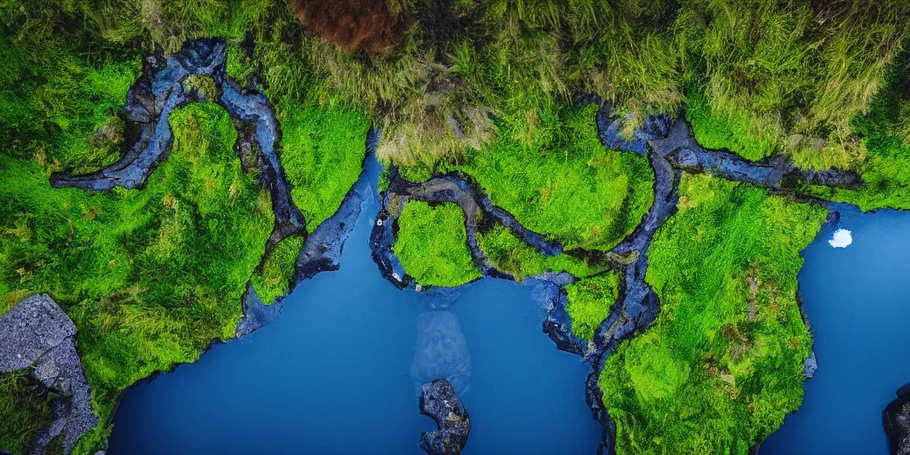 Image similar to drone shot photo of a landscape with mountains, waterfalls, wallpaper, very very wide shot, blue glacier, iceland, new zeeland, green flush moss, national geographic, award landscape photography, professional landscape photography, sunny, day time, beautiful