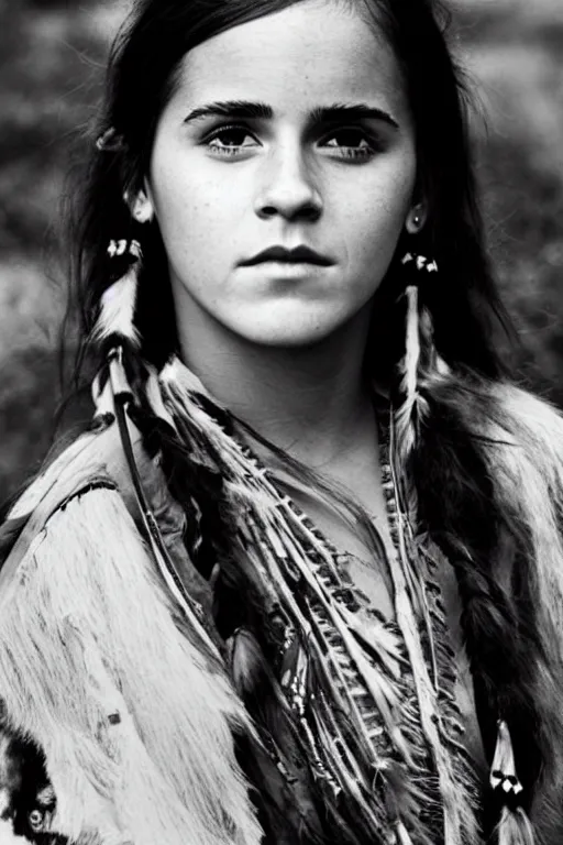 Image similar to Photo of Native American indian woman Emma Watson, portrait, skilled warrior of the Apache, ancient, realistic, detailed, Emma Watson