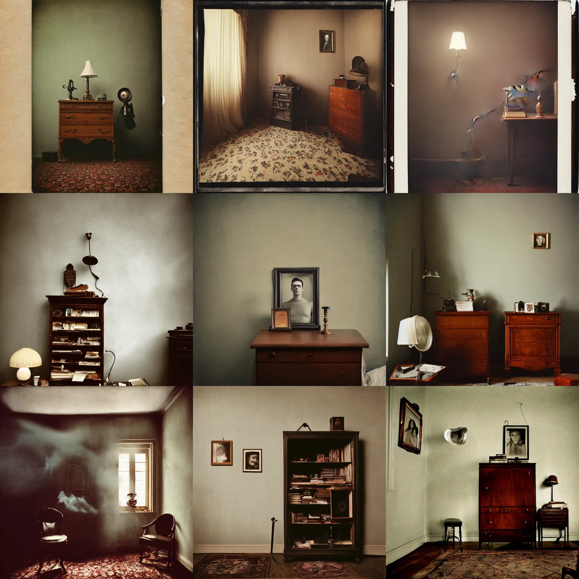 Image similar to kodak portra 4 0 0, wetplate, fisheye, award - winning portrait by britt marling, 1 9 2 0 s room, ghost, picture frames, shining lamps, dust, smoke, 1 9 2 0 s furniture, wallpaper, carpet, books, muted colours, wood, fog,