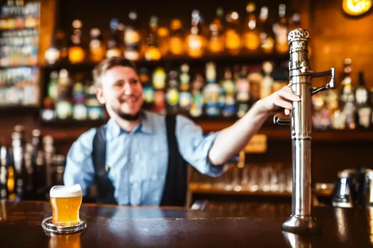 Image similar to a anthropomorphic pint of beer, customer, waits to be served by the bartender