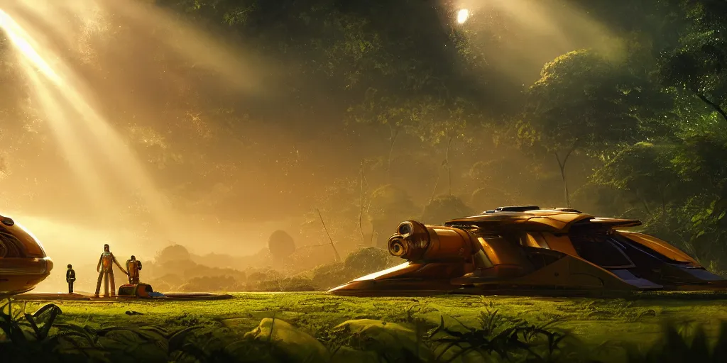 Image similar to a futuristic rusty old spaceship, on a landing pad, surrounded by a lush jungle, in the foreground two explorers are having a conversation, golden hour, sun beams, volumetric light, hyperdetailed, artstation, cgsociety, 8k