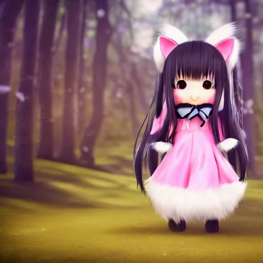 Prompt: render of a very kawai joyful 3d anime girl, fluffy tail, wearing fluffy black scarf, long dress, black long curly hair, watery eyes, cat ears, in the magical forest, medium shot, mid-shot, highly detailed, trending on Artstation, Unreal Engine 4k