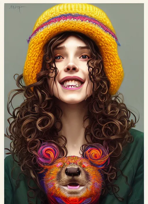 Prompt: symmetry!! portrait of smiling beaver!! big teeth! wearing a colorful beanie!, scarf!, long curly hair intricate, elegant, highly detailed, digital painting, artstation, concept art, smooth, sharp focus, illustration, art by artgerm and greg rutkowski and alphonse mucha, 8 k