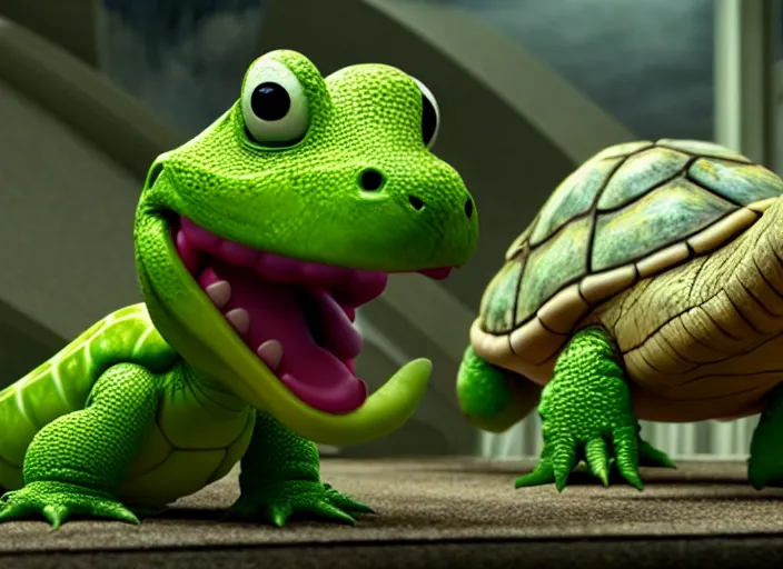 Image similar to film still of yoshi in the new sci - fi movie, cute upright dinosaur with a small turtle shell and long tongue, 8 k