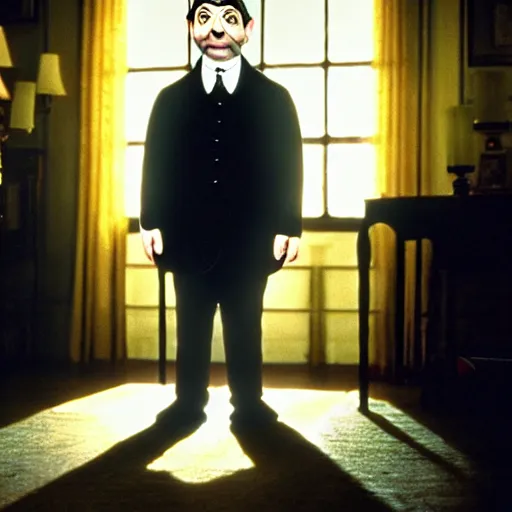 Prompt: mr. bean as wednesday from the adams family. movie still. cinematic lighting.