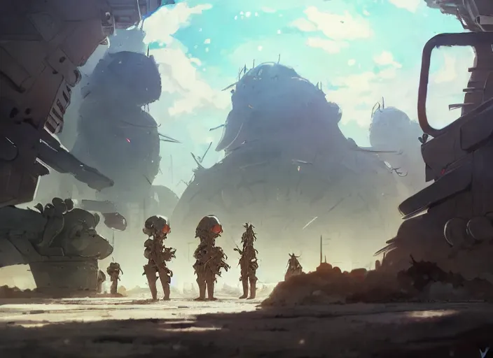 Image similar to mole creatures dressed in military gear, details, futuristic, epic, destroyed city, landscape illustration concept art anime key visual trending pixiv fanbox by wlop and greg rutkowski and makoto shinkai and studio ghibli and kyoto animation symmetrical facial features