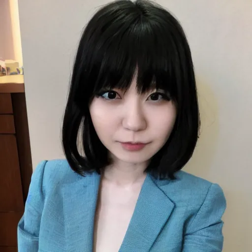 Prompt: a pretty young girl of 2 5, japanese, with big eyes, short shoulder - length hair and a suit ， by ringeko