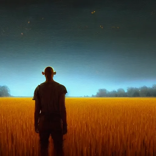 Prompt: oil painting of a glowing god with gold wires levitating in a wheat field, lightning in the sky, at night, stunning, cinematic lighting, concept art by greg rutkowski and wlop, artstation, cinematic, masterpice, insanely detailed, very realistic