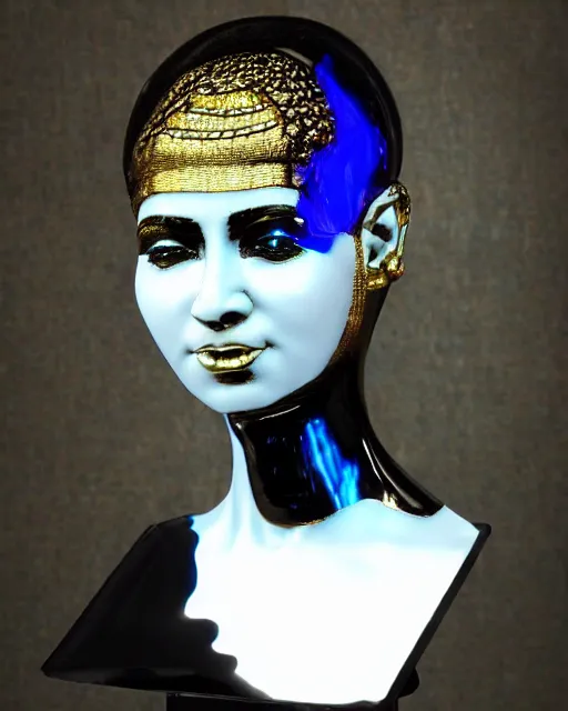 Prompt: intricate holographic realistic bust sculpture of futuristic digital obese angry egyptian beautiful girl black empress, stone and glass and gold, blue and black, masterpiece