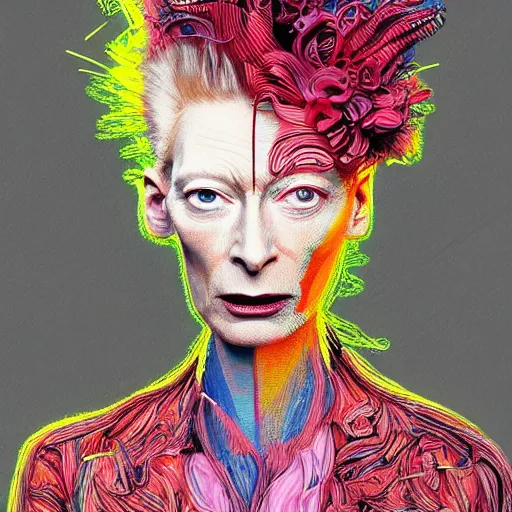 Image similar to a realistic yet sketched fierce neon tilda swinton, trending on artstation, by archan nair and marlene duma, intricate details, flowers, in the style of frank auerbach, in the style of martin ansin, in the style of david aja, in the style of mattias adolfsson