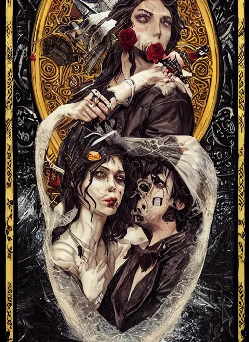 Image similar to tarot card :: horror :: vampires and draculas :: hearts and roses :: gold and silver :: guns and swords :: side profile :: highly details :: intricate details :: Sandra Chevrier and bastien lecouffe deharme