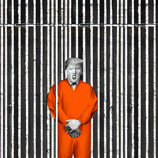 Prompt: donald trump wearing orange prison jumpsuit, locked behind bars, crying and whining.
