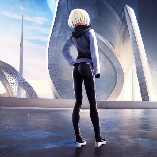 Image similar to platinum - blonde - haired bob cut blue - eyed princess wearing white leggings and black jacket, standing next to communist monument, futuristic city, anime, hd anime wallpaper, hyperrealistic lighting, octane render, volumetric lighting, drawn by artgerm