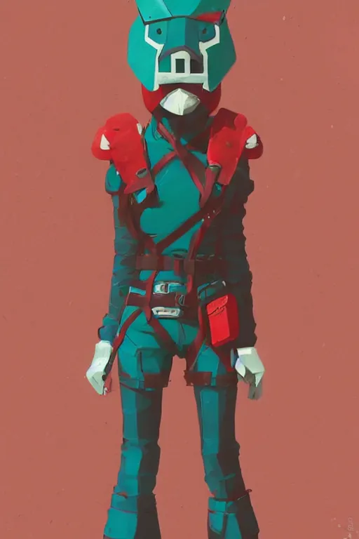 Image similar to female adventurer in tight full - body teal leather armor of japanese design with red accents and a white porcelain crow mask, trending in artstation, japanese, by simon stalenhag, establishing shot