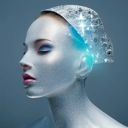 Prompt: portrait of a beautiful futuristic woman layered with high-tech jewelry wrapping around her face and head, silver-blue light