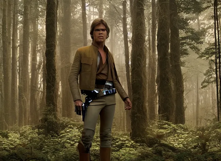 Image similar to screenshot of portrait Han Solo surrounded by wookies on forest planet, iconic scene from 1970s film by Stanley Kubrick, the lost Star Wars Film, moody hazy lighting, stunning cinematography, hyper-detailed, crisp, anamorphic lenses, kodak color film stock, 4k, very detailed, hyper real render