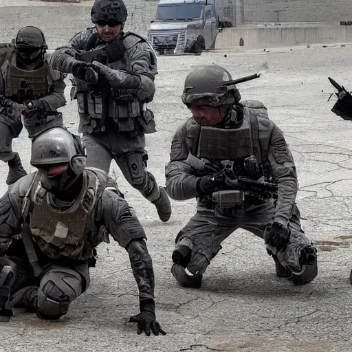 Image similar to Wounded Special Forces in grey uniform with black body armor under artillery fire in 2022, photo by Adam Ferguson, Pulitzer Winning, cinematic composition, breathtaking, modern, 2022