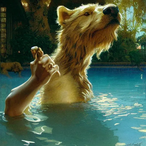 Prompt: a portrait of an very furry human with an animal's head in the pool, furry body, furry arms, furry legs, furry tail. highly detailed painting by gaston bussiere, craig mullins, j. c. leyendecker, furry