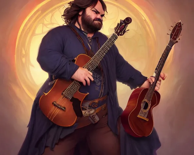 Image similar to photography of jack black as a bard with a guitar singing 8 k, deep focus, d & d, fantasy, intricate, elegant, highly detailed, digital painting, artstation, concept art, matte, sharp focus, illustration, hearthstone, art by artgerm and greg rutkowski and alphonse mucha