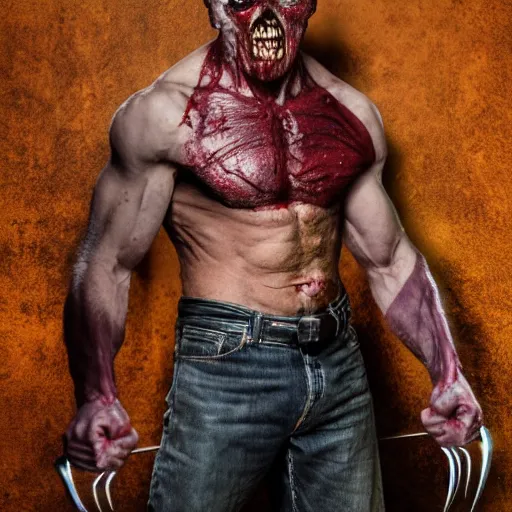 Image similar to wolverine, zombie, butcher, full body shot by yousuf karsh, golden hour, realistic, body shot, sharp focus, 8 k high definition, insanely detailed, intricate, elegant