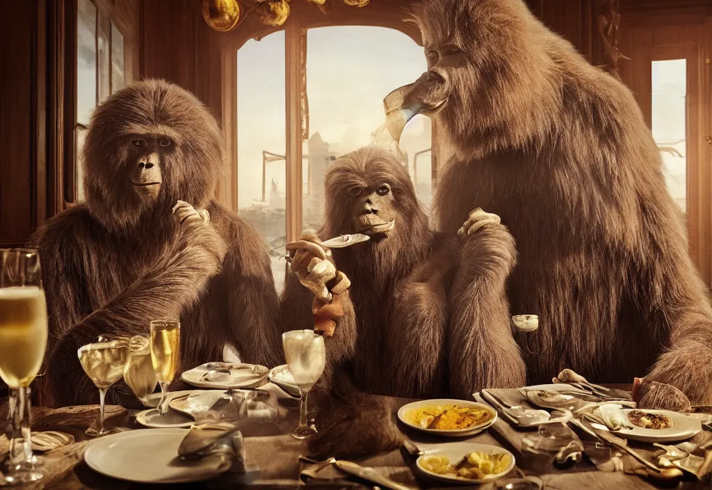 Prompt: accidentally wes anderson award - winning photograph of yeti and bigfoot eating lung in paris restaurant, accidental renaissance, golden ratio, fibonacci composition, 4 k, detailed, art by greg rutkowsky, trending on artstation, cinematic lighting, filmic grain, golden hour, detailed, 4 k