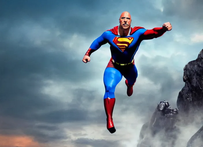 Image similar to film still of dwayne the rock johnson as superman in the new superman movie, 4 k