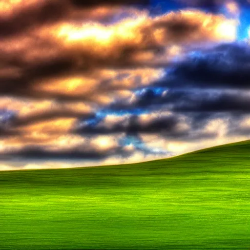 Image similar to windows xp default wallpaper, but during the dusk
