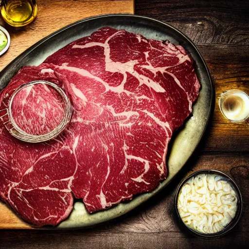 Image similar to bicycle constructed of beef, glistening meat and oily metal, pulsating, carnivorous, hungry, in food photography style, high resolution detail,