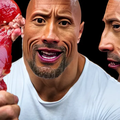 Prompt: dwayne johnson eating an entire raw chicken , 8k , highly detailed, professional photography