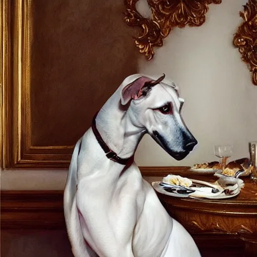 Prompt: A masterpiece portrait of a white greyhound. Greyhound is eating a steak with cutlery. Very detailed. intricate, elegant, highly detailed. trending on artstation, digital art, by Stanley Artgerm Lau, WLOP, Rossdraws, James Jean, Andrei Riabovitchev, Marc Simonetti, Yoshitaka Amano