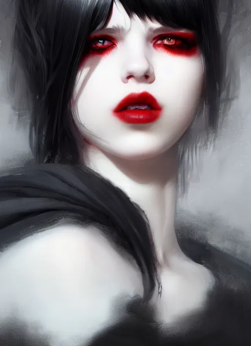 Image similar to portrait of white teenage girl, normal face, black bangs, mall goth, cyberlox, black and white hair, bangs, fluffy bangs, red contacts, intricate, elegant, highly detailed, digital painting, artstation, concept art, sharp focus, smooth, illustration, art by wlop, mars ravelo and greg rutkowski