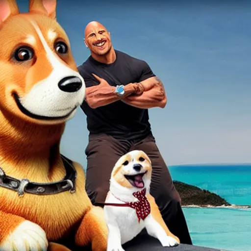 Image similar to photo of dwayne johnson riding a giant corgi, highly - detailed, sharp focus, award - winning