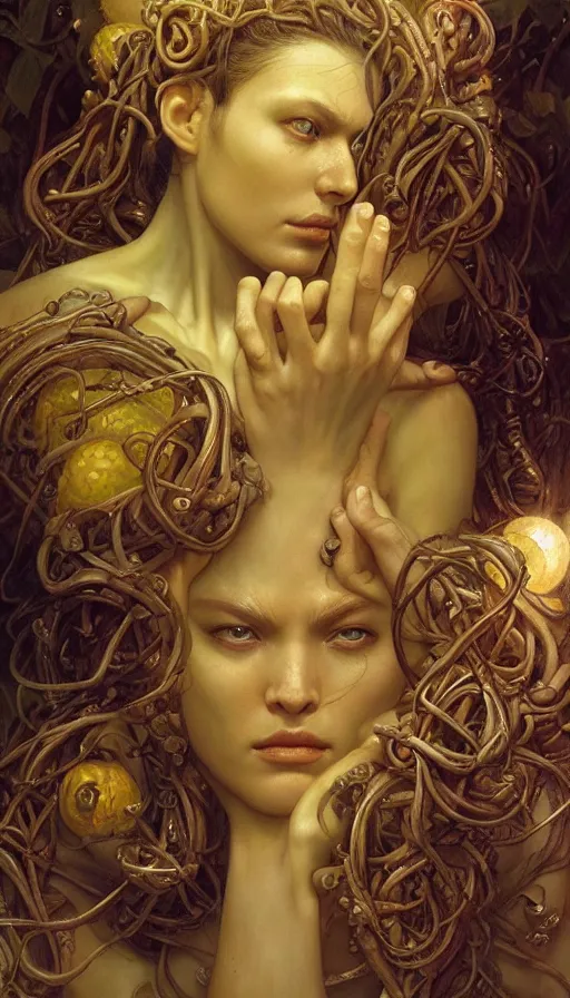 Prompt: epic masterpiece Medusa, drama, sweaty skin, hyperrealistic, octane render, cinematic, beautiful face and flawless skin, perfect hands, 5 fingers, yellow by Edgar Maxence and Ross Tran and Michael Whelan and Lorenzo Sperlonga, Brom, Legends of Runeterra