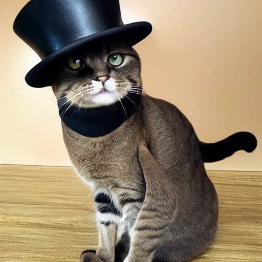 Image similar to a cat wearing a black leather hat, frontal view, cool looking