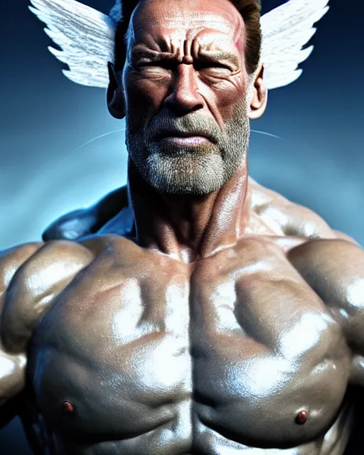 Image similar to Full potrait of Arnold Schwartchenegger as an angel, hyper realistic, prismatic highlights, atmosphere, gorgeous, depth of field, cinematic, macro, concept art, 50mm, artstation, wlop, elegant, epic, weta digital, focus, octane render, v-ray, 8k, kodak portra, art by Liberatore