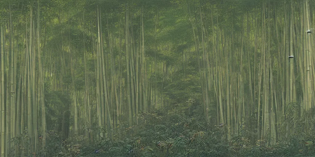 Image similar to art by john howe of the cinematic view of the sagano bamboo forest.