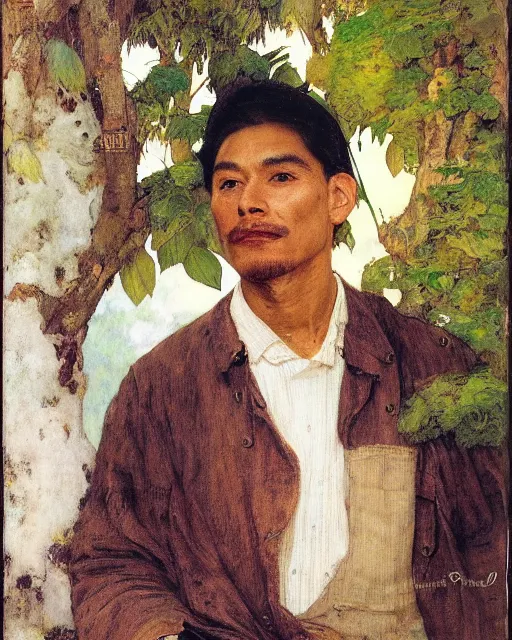 Image similar to peruvian man, portrait painting by richard schmid, edgar maxence, kehinde wiley, thomas moran, maxfield parrish, studio ghibli, loish, alphonse mucha, fashion photography