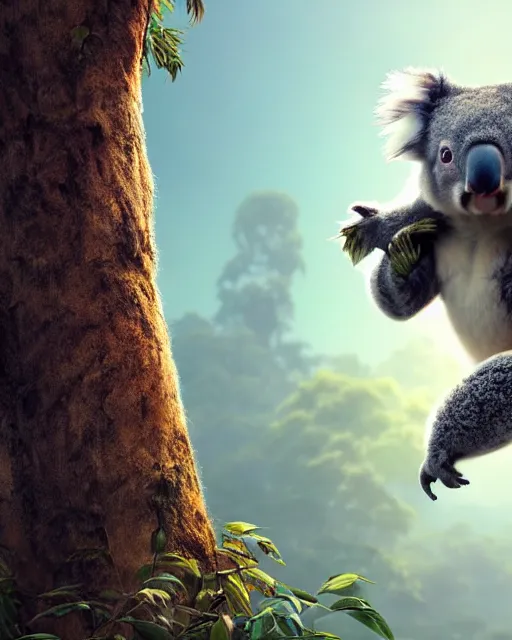 Prompt: movie still macro close photo of koala jumping from tree onto tourist, by weta disney pixar greg rutkowski wlop ilya kuvshinov rossdraws artgerm octane render iridescent, bright morning, liosh, mucha