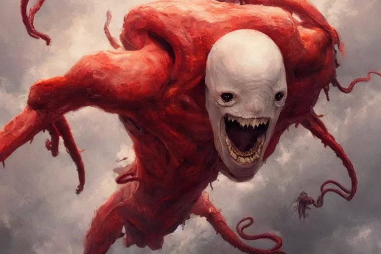 Image similar to painting by greg rutkowski of a flying crying!! human head and face that is chalk white in color, with tentacles coming of the neck, fiery!! red eyes, flying in a terrying hell like cavernous place