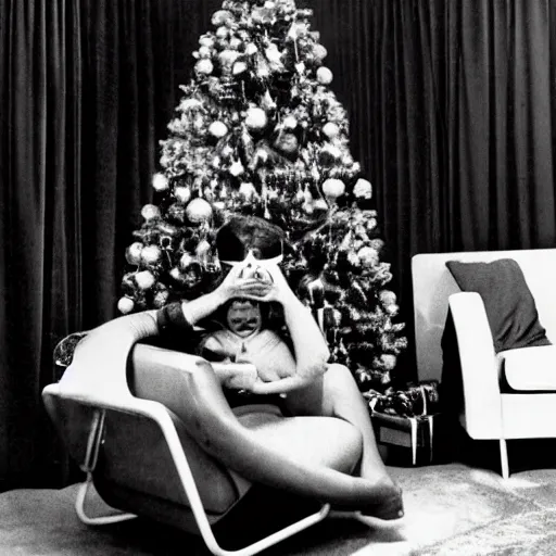 Image similar to a television from the 1970s in a living room next to a chair and a christmas tree, an alien is sitting on the chair, 1981 Life Magazine photo, depth of field