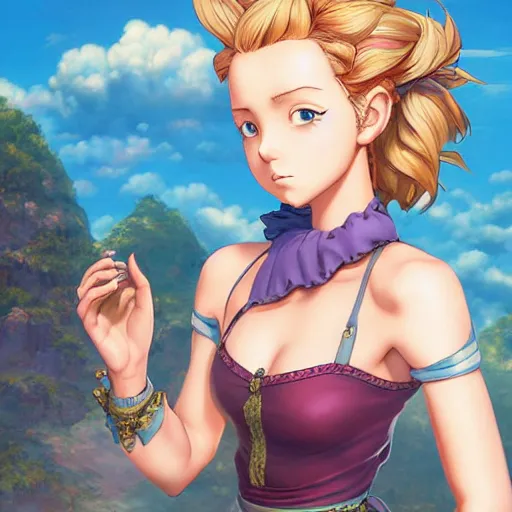 Prompt: a beautiful scenic painting of a beautiful young woman that looks like marle from chrono trigger by artgerm and wlop and wes anderson and spike jonze