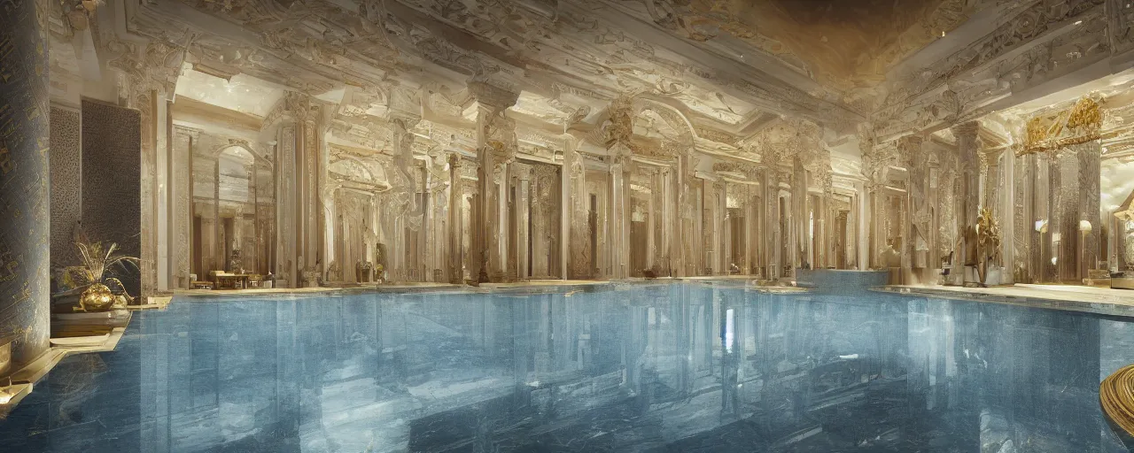 Image similar to photo of a cinematic interior of a triple height hyper luxury spa with everything made of gold, candles, windows with view to desert mountains and river, beige stone marble floor with reflection, small wellness relaxation pool, intricate hieroglyph detailed roof, contemporary design, fractal sacred geometry, 8 k, hyperrealistic, photorealism,