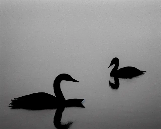 Prompt: lake by Andrei Tarkovsky, black swan , mist, lomography effect, photo, monochrome, photo blurring, 35mm