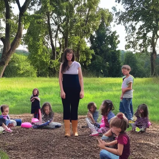 Image similar to A beautiful land art of a young woman surrounded by a group of children. The children are playing and laughing while the woman looks on with a smile. The background is a idyllic countryside scene with rolling hills and trees. steel by Amy Sillman earthy, extemporaneous