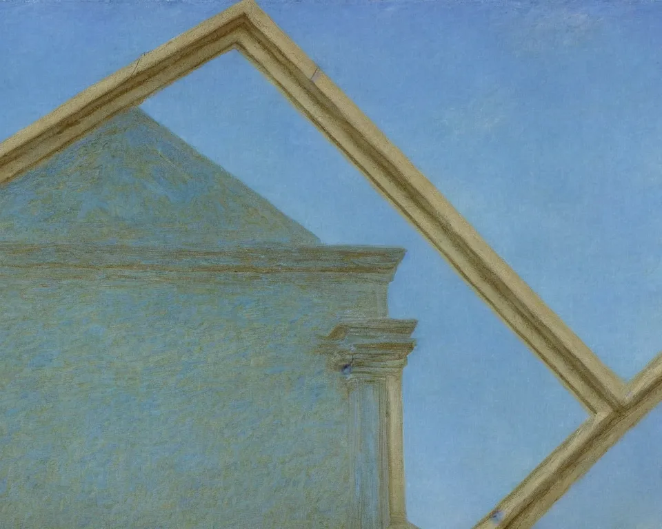 Image similar to achingly beautiful close up painting of a triangular roman pediment on baby blue background by rene magritte, monet, and turner. piranesi.