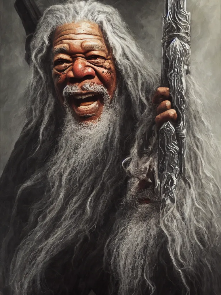 Image similar to morgan freeman starring as gandalf in lord of the rings, epic dark fantasy horror stylized oil painting by ivan shiskin. trending on artstation