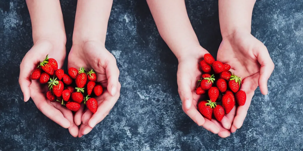 Prompt: a shocking and clearn photo of hands with way to many long creepy fingers reaching for little strawberries and chocolate with dramatic romantic lighting