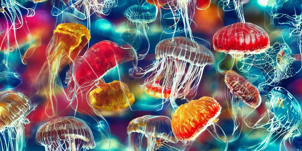 Image similar to hamburger mix jellyfish, cg, 8 k, surrealistic, sharp focus, silver color, super resolution, style by andy warhol